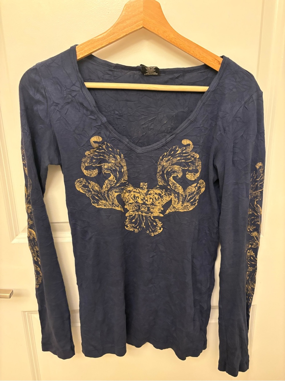 Sledge USA Y2K Navy Blue Long Sleeve Top S Gold Crown Crest Baroque Graphic Emo